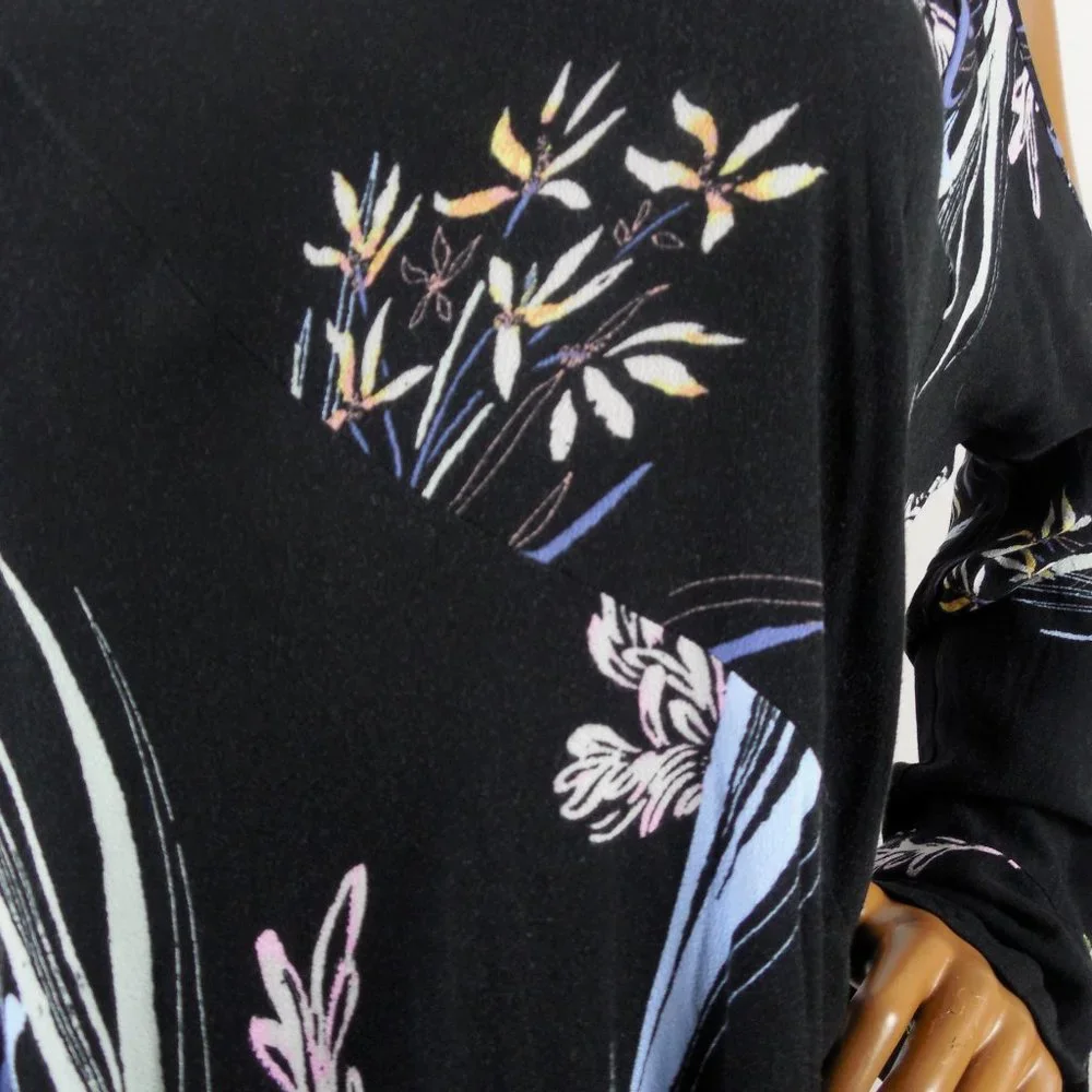 FREE PEOPLE Top M Black Floral Tunic Shirt Tie Cold Shoulder Long Sleeves Casual - Picture 7 of 13